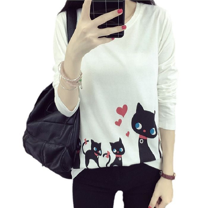 Damen Langarm-T-Shirt mit kreativem Katzenmotiv Drune
