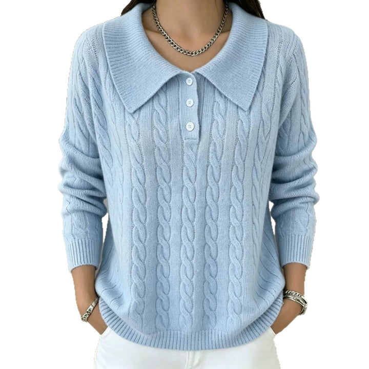Damen Kabelstrick-Polo-Pullover mit großem Umlegekragen und lockerer Silhouette Drune