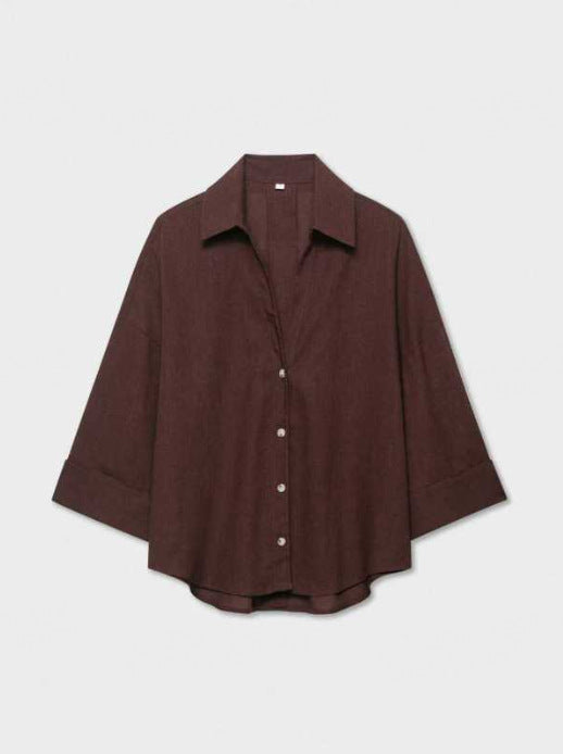 Damen Leichte Oversize Leinenoptik Bluse mit Dreiviertelärmeln und durchgehender Knopfleiste Drune