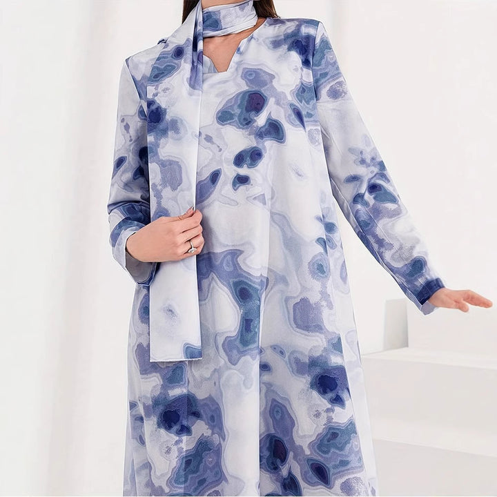 Damen Maxikleid mit kunstvollem Muster und elegantem Stehkragen Drune