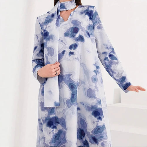 Damen Maxikleid mit kunstvollem Muster und elegantem Stehkragen Drune