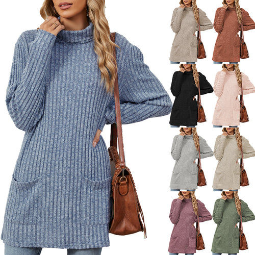 Damen Oversize Strickpullover mit hochgeschlossenem Kragen und praktischen Taschen Drune
