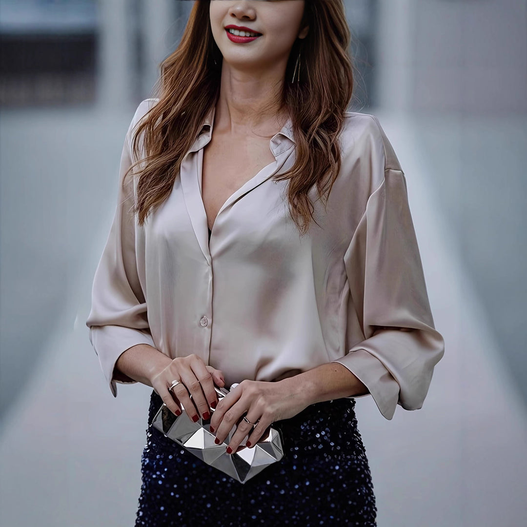 Damen elegante Seidenbluse mit minimalistischen Knopfdetails Drune