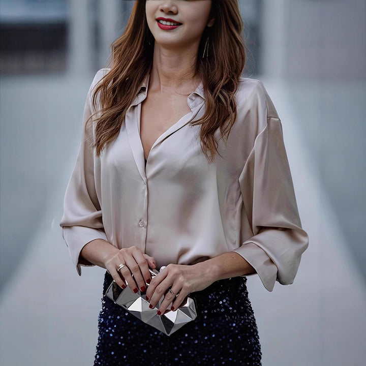 Damen elegante Seidenbluse mit minimalistischen Knopfdetails Drune
