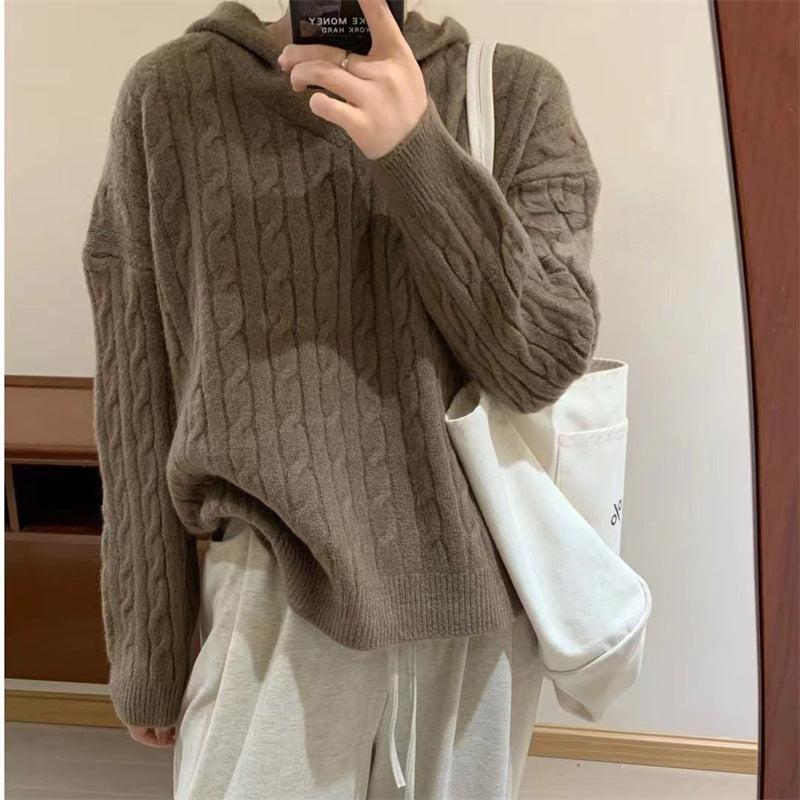 Damen Kuscheliger Strickpullover mit Kapuze und Zopfmuster Drune