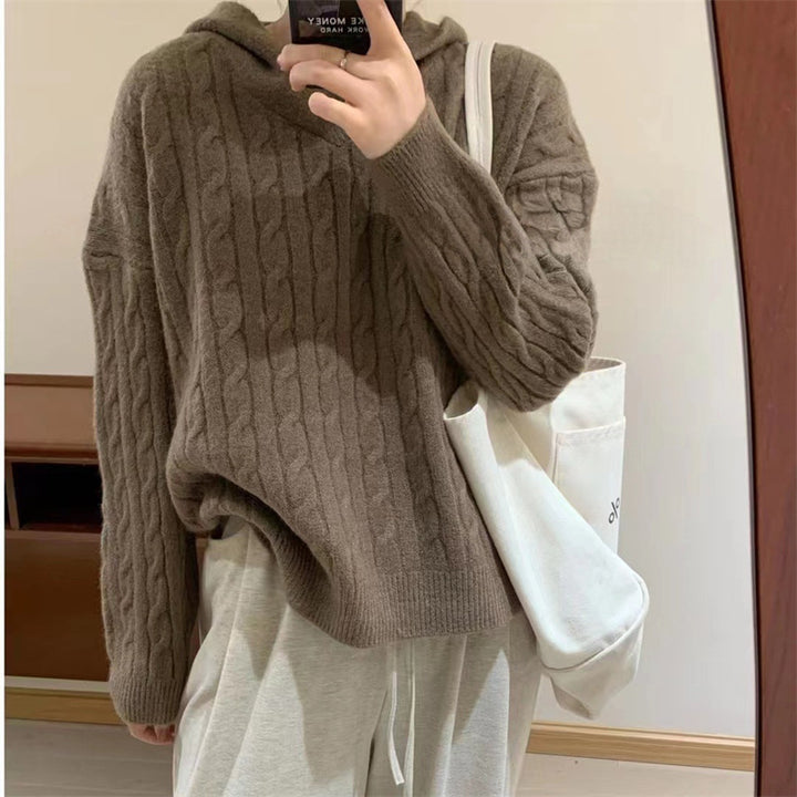 Damen Kuscheliger Strickpullover mit Kapuze und Zopfmuster Drune
