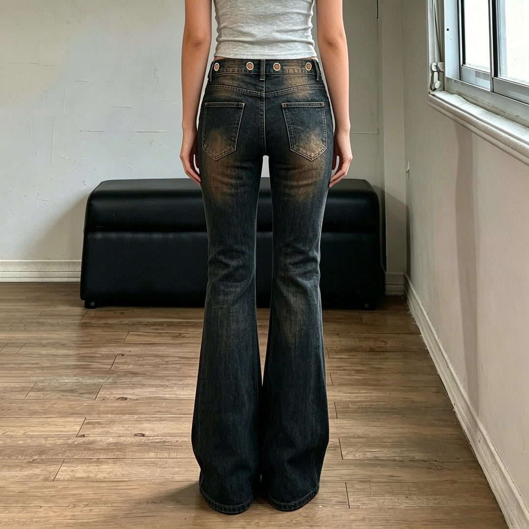 Damen High‑Waist Flared-Jeans mit doppeltem Nietenbund und Used-Effekt Drune