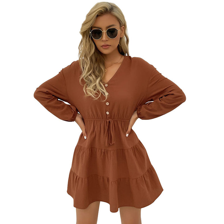 Damen Gestuftes Viskose-Minikleid mit Taillenschnur und Knopfdetail Drune