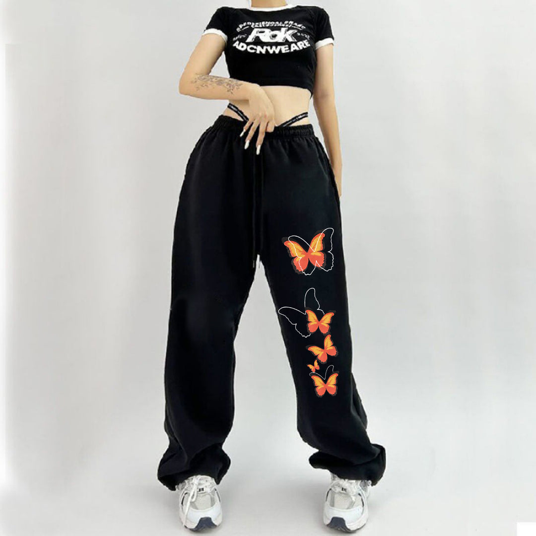 Damen nan hochgeschnittene Sweatpants mit elastischem Bund, Kordelzug, Seitentaschen, elastischen Beinabschlüssen und Schmetterlingsprint Drune