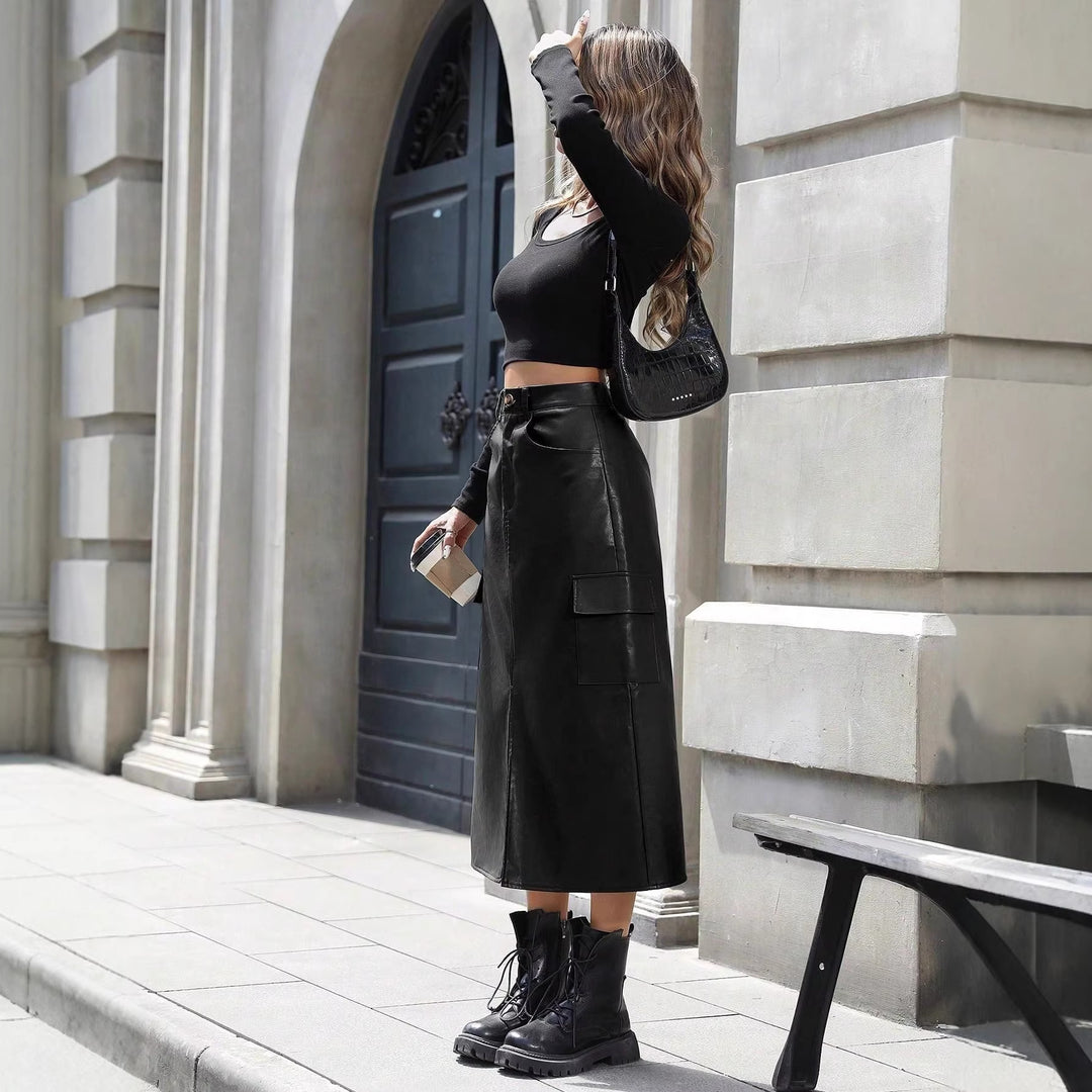 Damen Midirock aus Kunstleder mit praktischen Taschen und elegantem Schlitz Drune