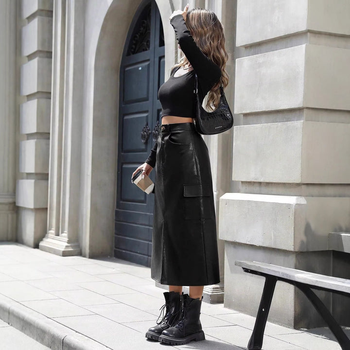 Damen Midirock aus Kunstleder mit praktischen Taschen und elegantem Schlitz Drune