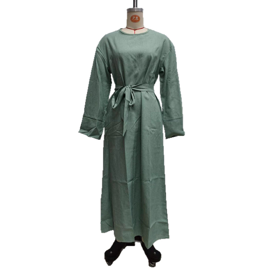 Damen Maxikleid aus Leinen-Mix mit Taillengürtel und weiten Manschellen Drune