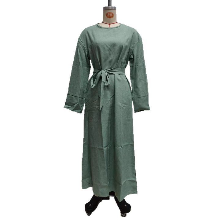 Damen Maxikleid aus Leinen-Mix mit Taillengürtel und weiten Manschellen Drune