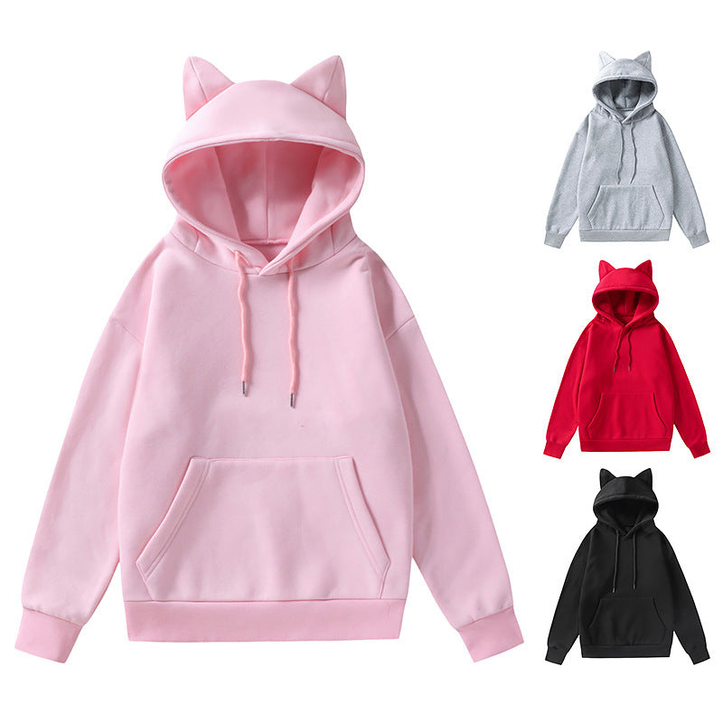 Damen nan Kapuzenpullover mit Katzenohren oversized Sweatshirt mit Kängurutasche und Kordelzug Drune