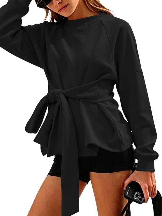 Damen Oversize-Sweatshirt mit Wickelgürtel, Schößchen und Raglanärmeln Drune
