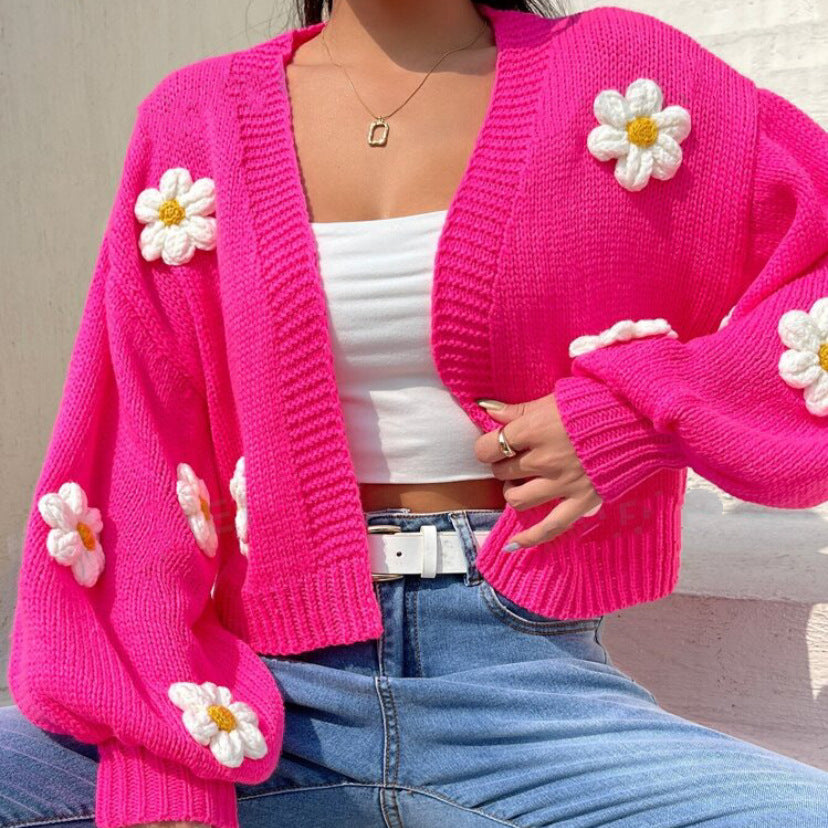Damen Cropped-Cardigan aus Baumwollmix mit 3D-Blütenapplikationen Drune