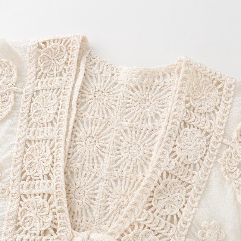 Damen Boho‑Häkelspitzenjacke mit V‑Ausschnitt und Bindeband Drune