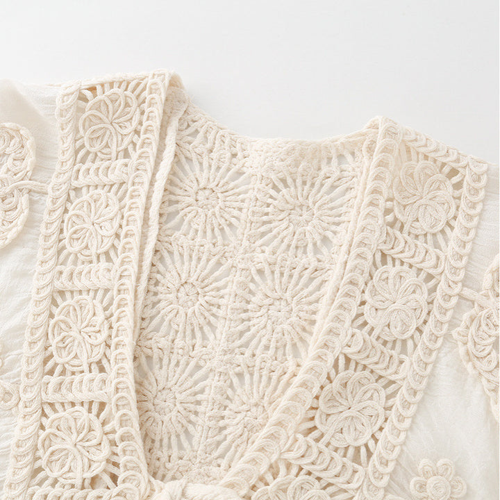 Damen Boho‑Häkelspitzenjacke mit V‑Ausschnitt und Bindeband Drune