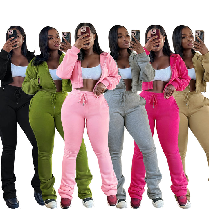 Damen nan kurz geschnittenes Zip-Hoodie und Highwaist-Jogginghose-Set mit Kordelzug und leicht gerafften Knöchelabschlüssen Drune