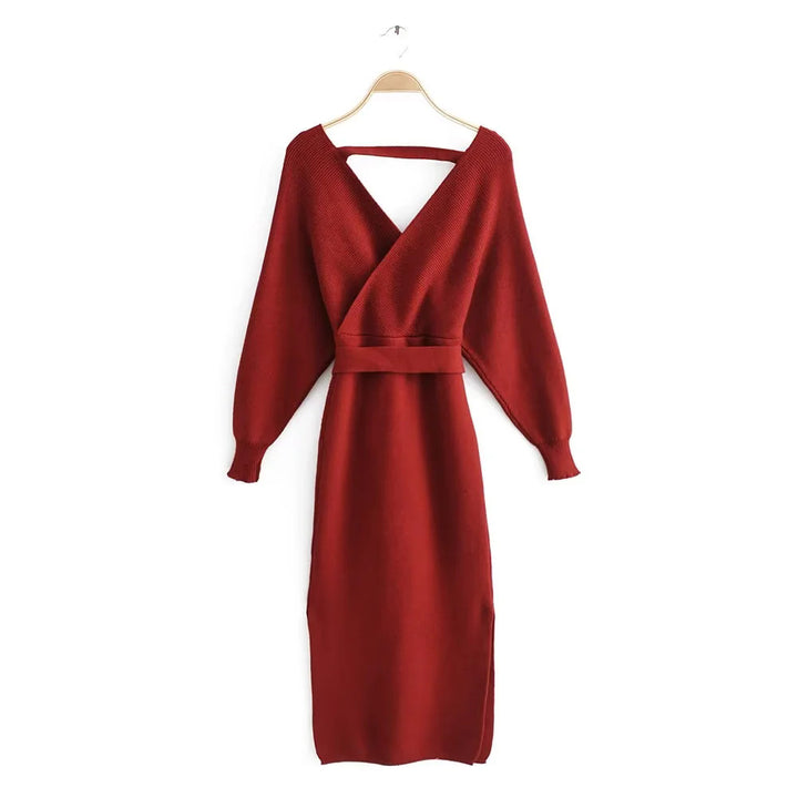 Damen nan gestricktes Wickelkleid mit Bindegürtel und V-Ausschnitt Drune