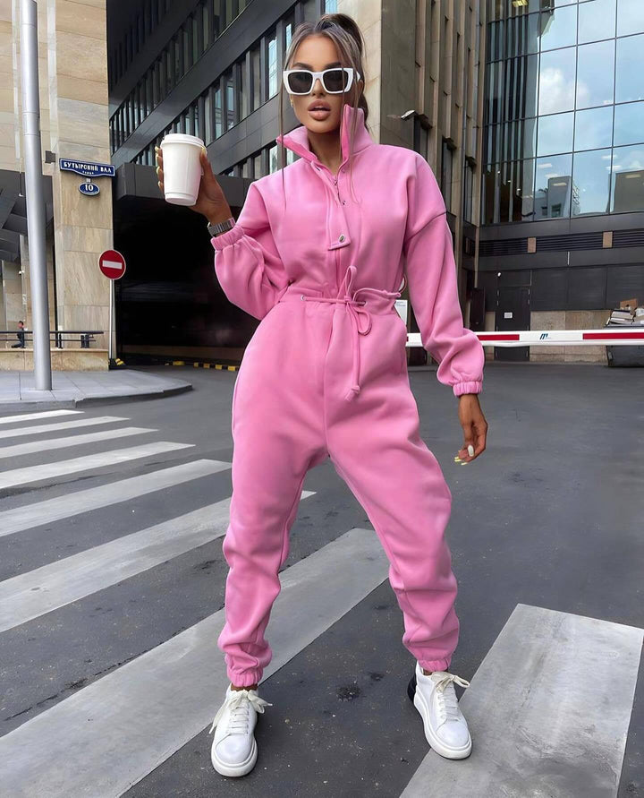 Damen taillierter Velours-Jumpsuit mit Tunnelzug Stehkragen und elastischen Bündchen Drune