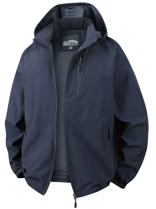 Herren Ultraleichte Allwetter-Outdoorjacke mit Kapuze atmungsaktivem Meshfutter und Reißverschlusstaschen Drune