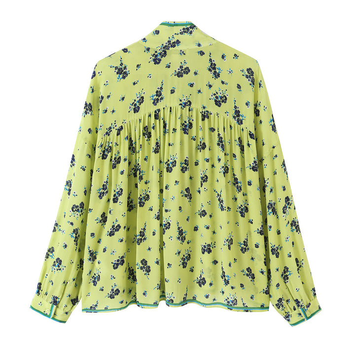 Damen Geblümte Chiffonbluse mit Schleifenkragen und Volumenärmeln Drune