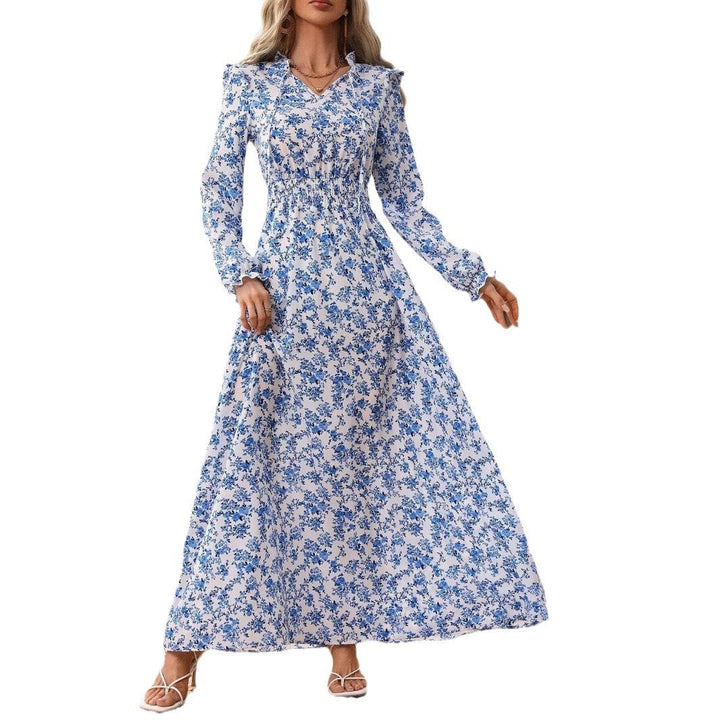 Drune | Floral Lange Ärmel Elegantes Frauen Lang Kleid