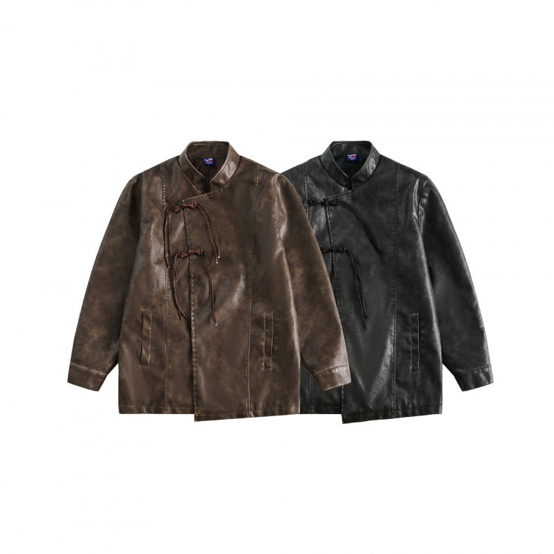 Herren Kurzjacke im Vintage-Lederlook mit Stehkragen und dekorativen Kordelverschlüssen Drune