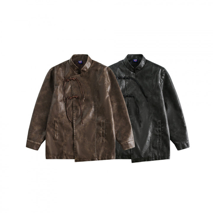 Herren Kurzjacke im Vintage-Lederlook mit Stehkragen und dekorativen Kordelverschlüssen Drune