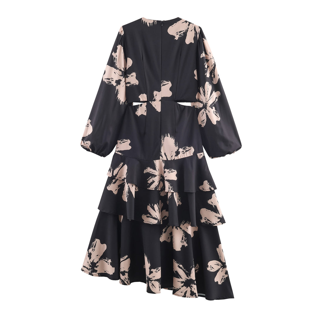 Damen nan Midikleid mit floraler Allovermusterung, Taillen-Cut-Out und mehrlagigen Volants Drune