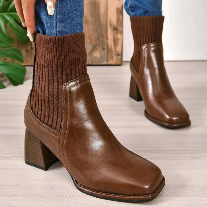 Damen Elegante Blockabsatz Stiefeletten mit Strickschaft Drune
