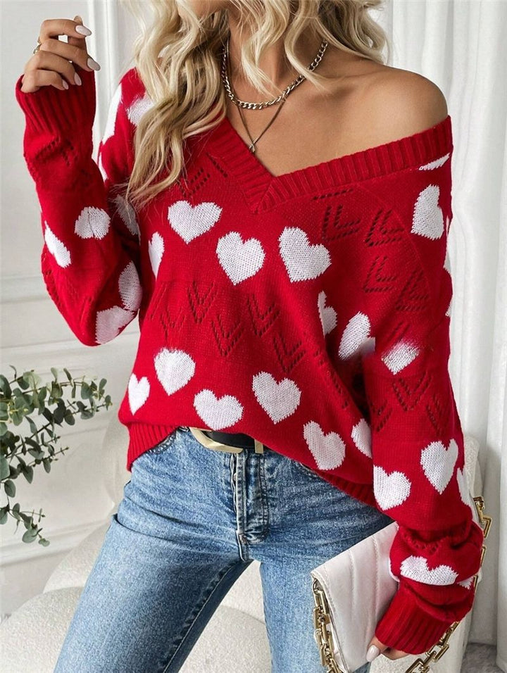 Damen kuscheliger Pullover mit herzförmigem Muster und V-Ausschnitt Drune