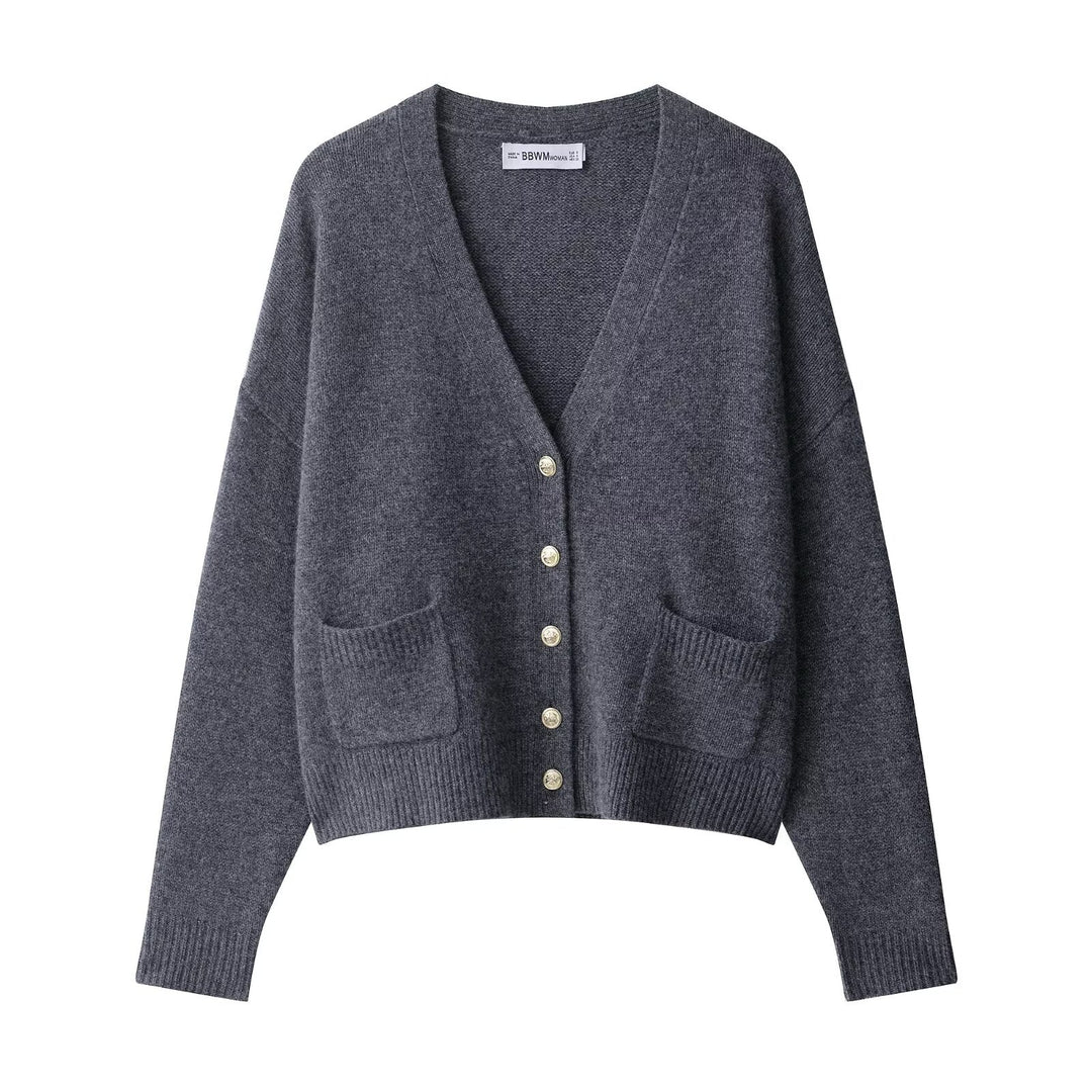 Damen leichte Strickjacke mit Knopfverschluss und aufgesetzten Taschen Drune