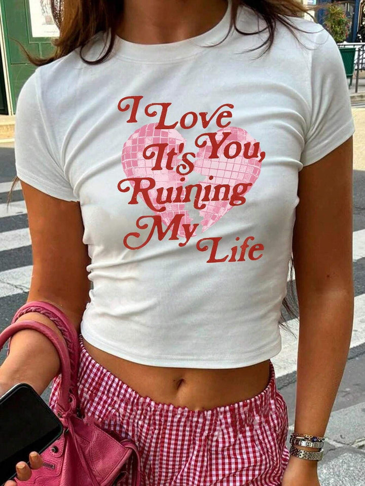 Damen Crop-Top mit kreativem Grafikdesign und modernem Schriftzug Drune