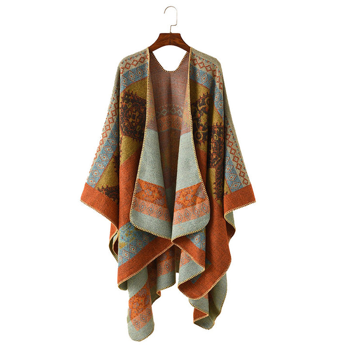 Damen Oversize Poncho aus Jacquard-Strick mit geometrischem Ethno‑Muster Drune