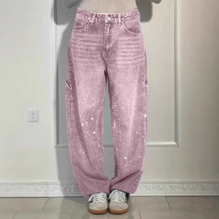 Damen High-Waist Jeans im weiten Cargo-Schnitt mit funkelndem Strassbesatz Drune