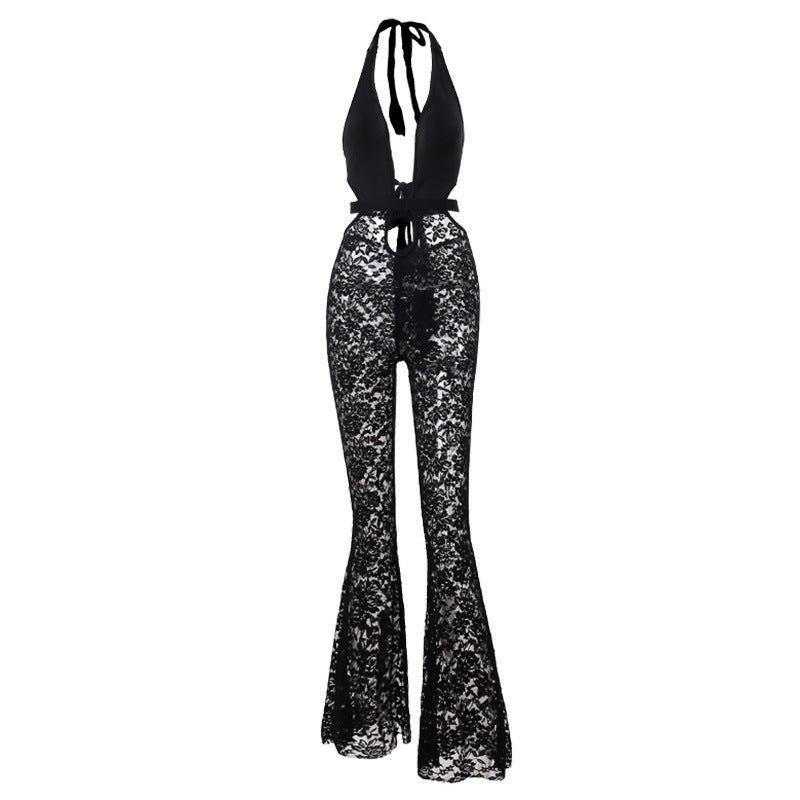 Damen eleganter Spitzen-Jumpsuit mit tiefem V-Ausschnitt und Glockenhosen Drune