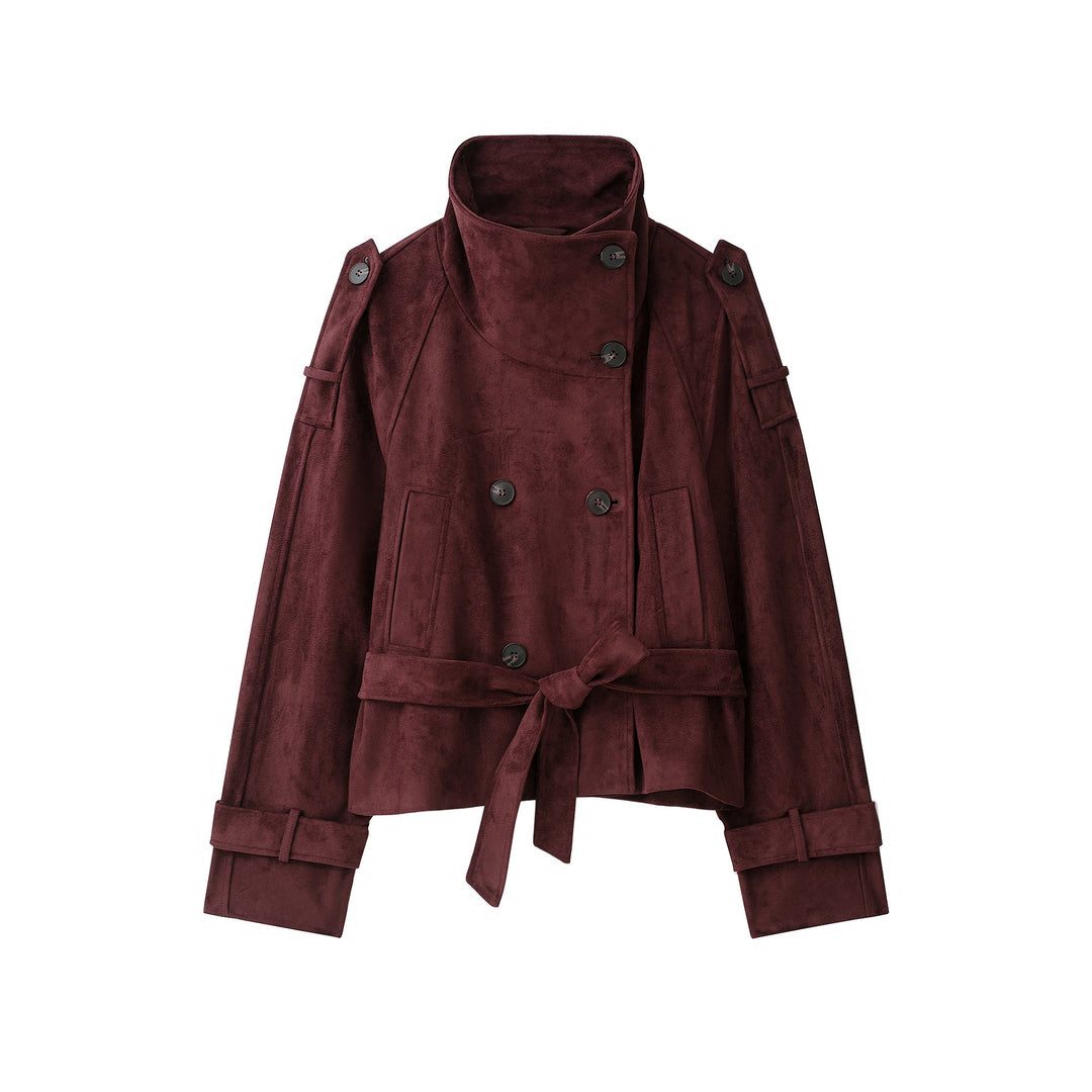 Damen Velours‑Trenchjacke mit hohem Funnelkragen und Bindegürtel Drune