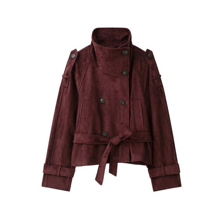 Damen Velours‑Trenchjacke mit hohem Funnelkragen und Bindegürtel Drune
