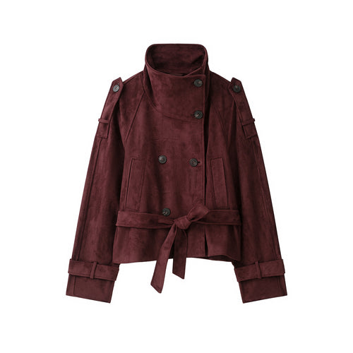 Damen Velours‑Trenchjacke mit hohem Funnelkragen und Bindegürtel Drune