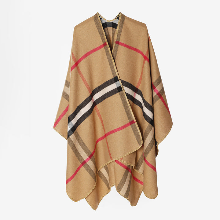 Damen Karierter Wollmix‑Poncho im Oversize‑Cape‑Schnitt mit Zierstichkante Drune