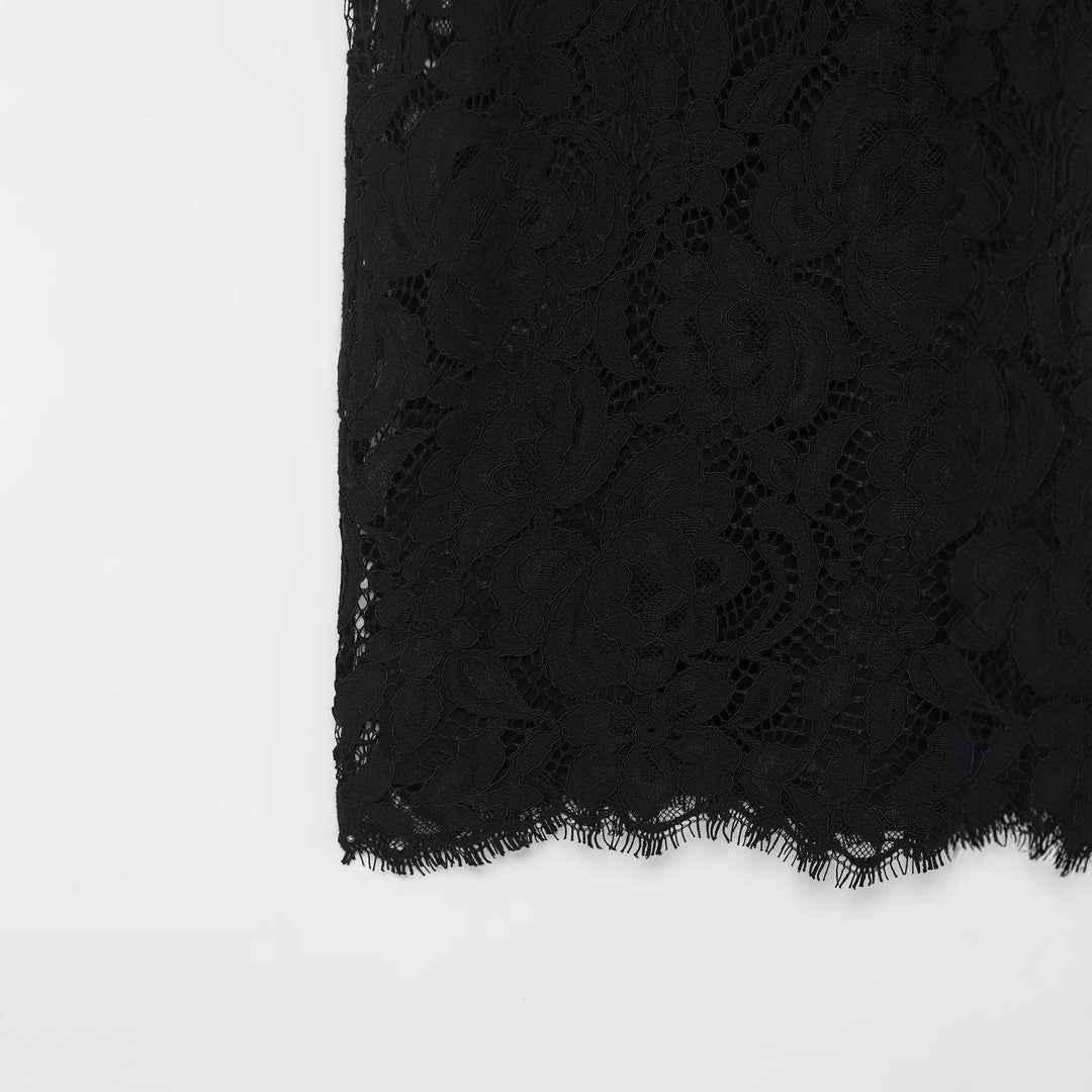 Damen Figurbetontes Midikleid aus floraler Spitze mit langen Ärmeln und Scallop-Saum Drune