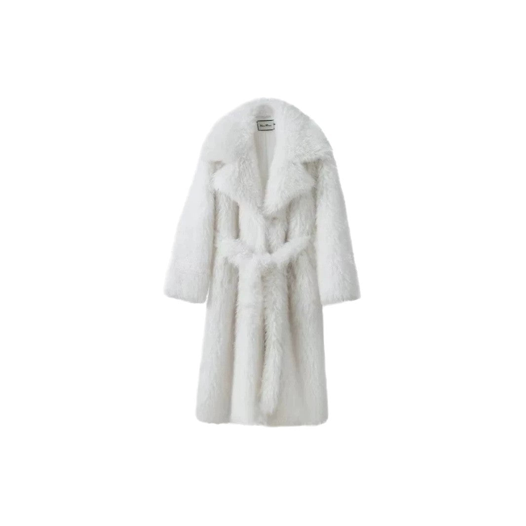 Damen Maxi Kunstpelzmantel mit voluminösem Schalkragen und Wickelgürtel Drune