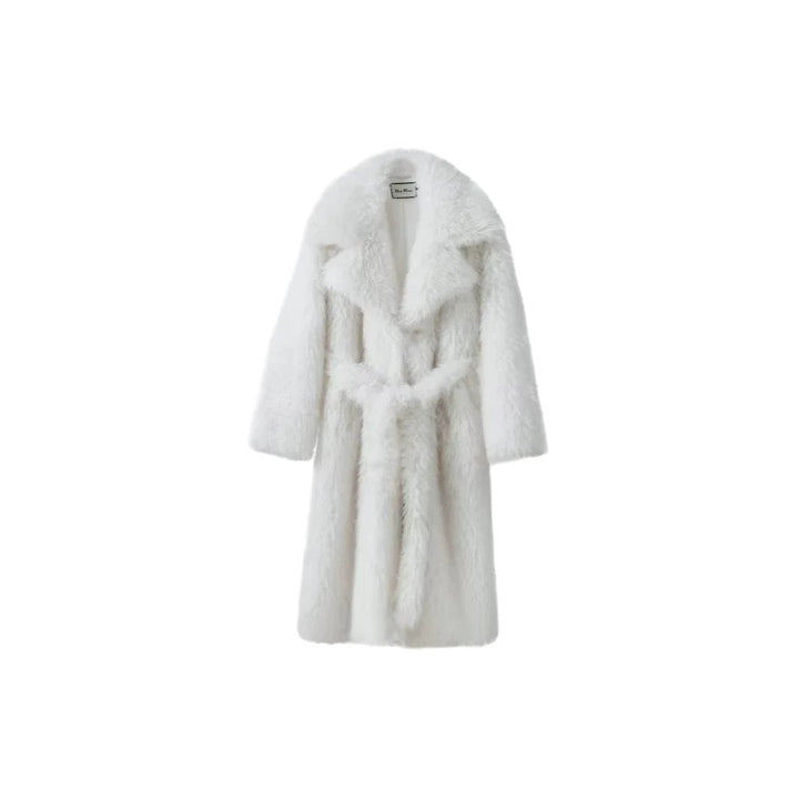 Damen Maxi Kunstpelzmantel mit voluminösem Schalkragen und Wickelgürtel Drune