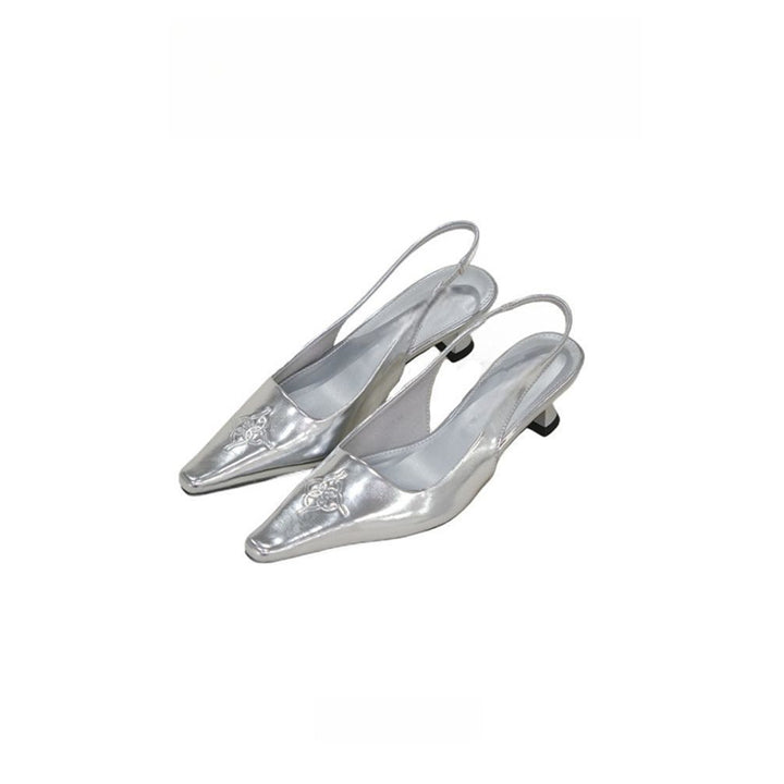 Damen Flache Slingback-Slipper mit eckiger Zehenkappe, metallischem Finish und geprägtem Ornament Drune