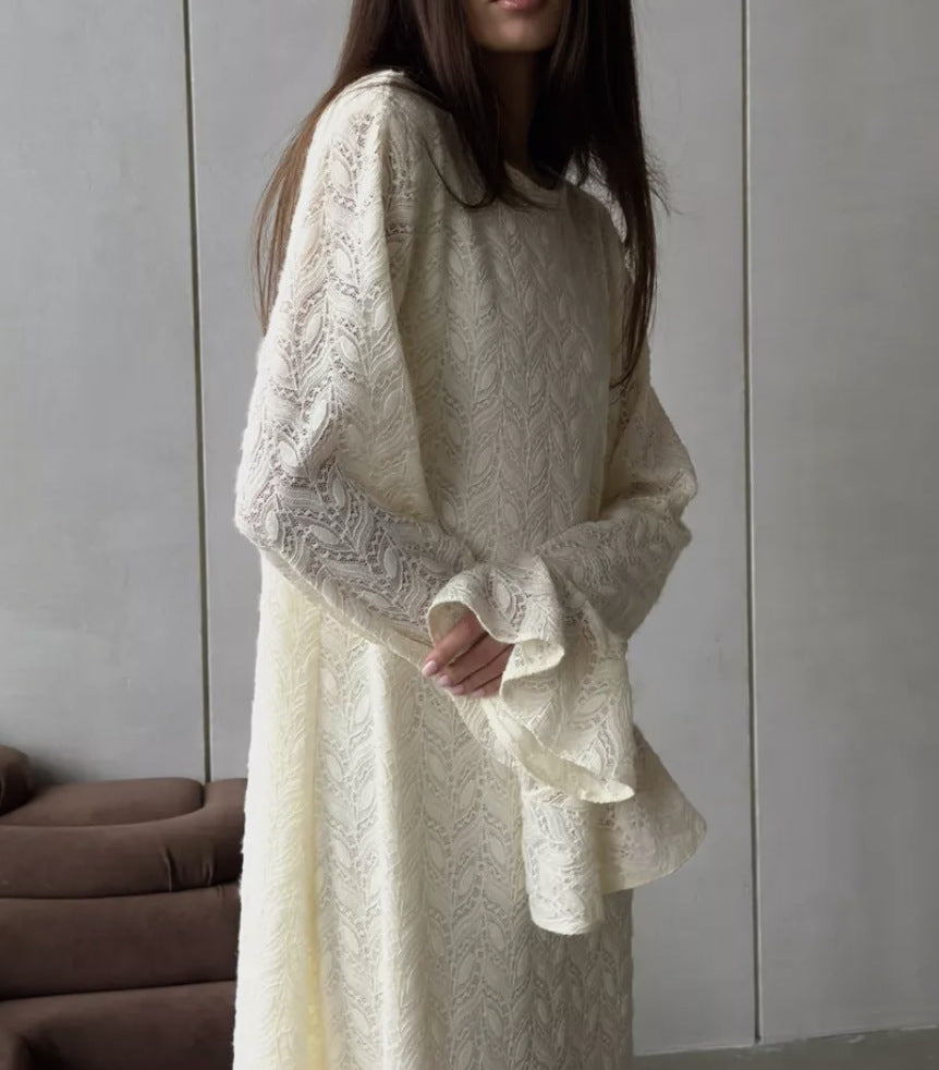 Damen elegantes Spitzenkleid mit weit geschnittenen Ärmeln und femininer Silhouette Drune