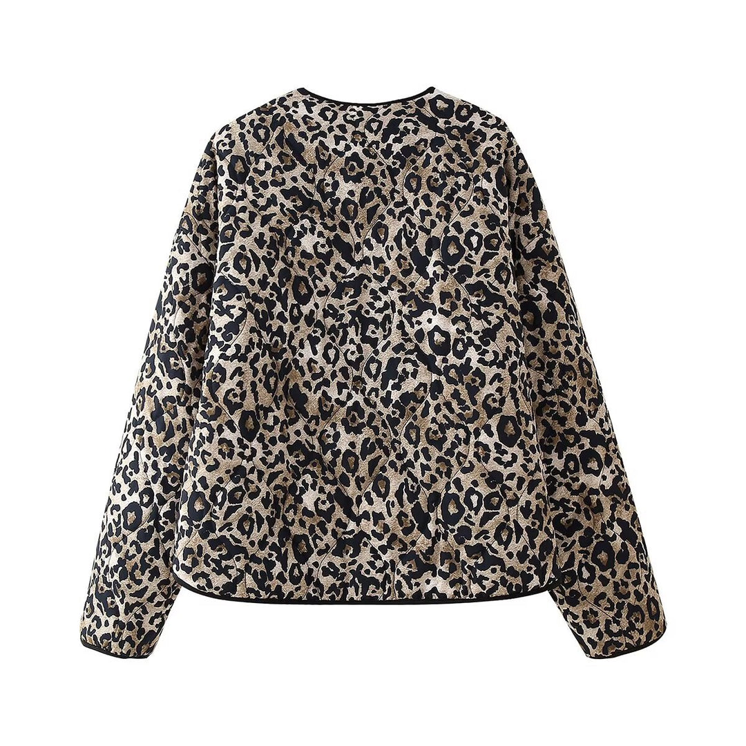 Damen nan gesteppte Leo-Print Steppjacke mit Rundhalsausschnitt, Druckknopfverschluss und aufgesetzten Taschen Drune