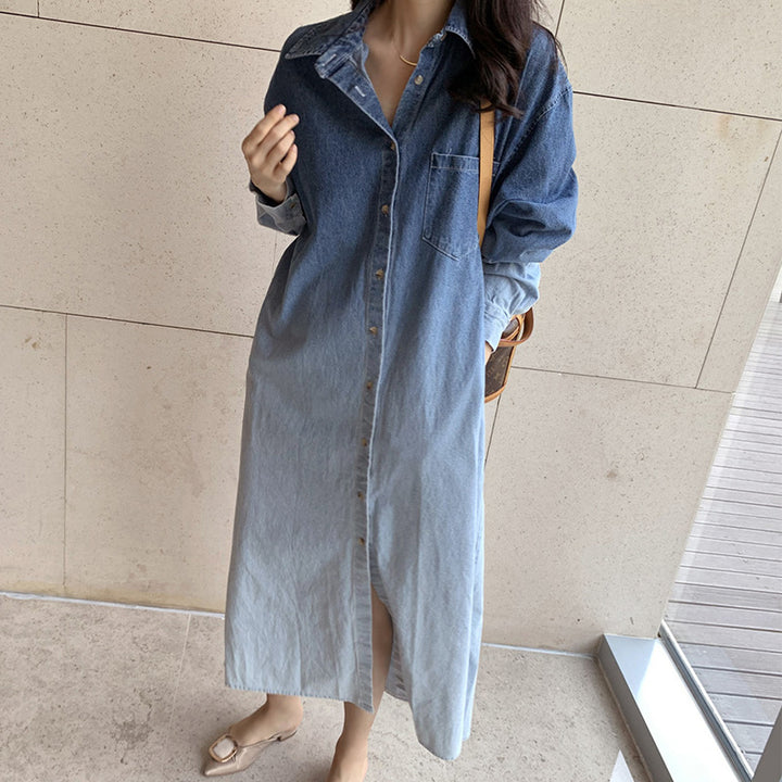 Damen Verlaufs-Jeans-Hemdkleid Maxi mit durchgehender Knopfleiste, Brusttasche und Seitenschlitzen Drune