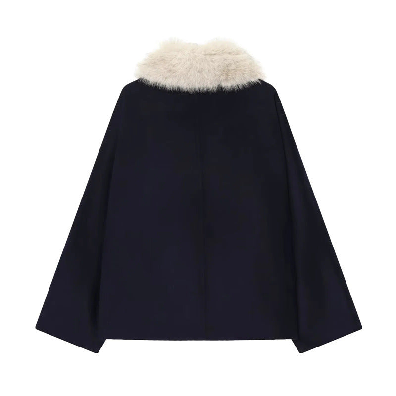 Damen 300+ gefütterter Wollmix‑Cape‑Mantel mit abnehmbarem Kunstfellkragen Drune
